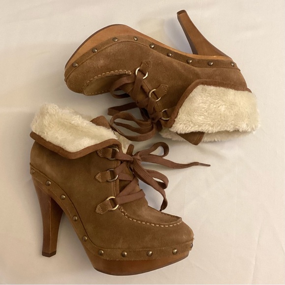 Guess 9 Suede Ankle Women’s Boots Chunky Heels Retro 70s Lace Up Faux Fur Brown - Picture 9 of 12